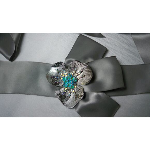 Silver Satin Rhinestone Brooch Belt Wedding Party Prom Formal Formal Dress Belt - Picture 4 of 4